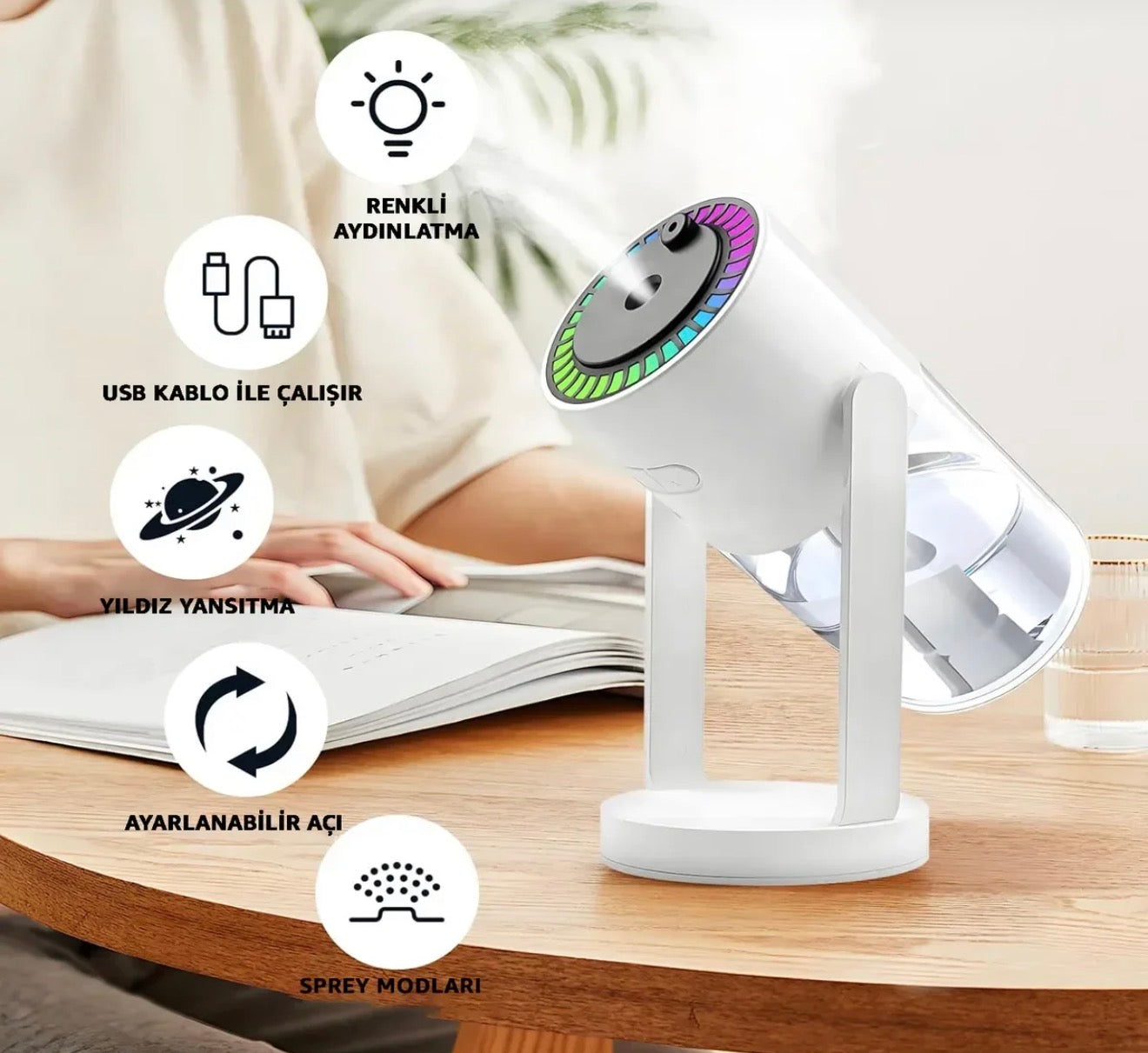 🌟 Yıldız Işıklı USB Hava Nemlendirici – Araç & Ev Kullanımına Uygun, Renkli Işık + Ayarlanabilir Açı 🌟